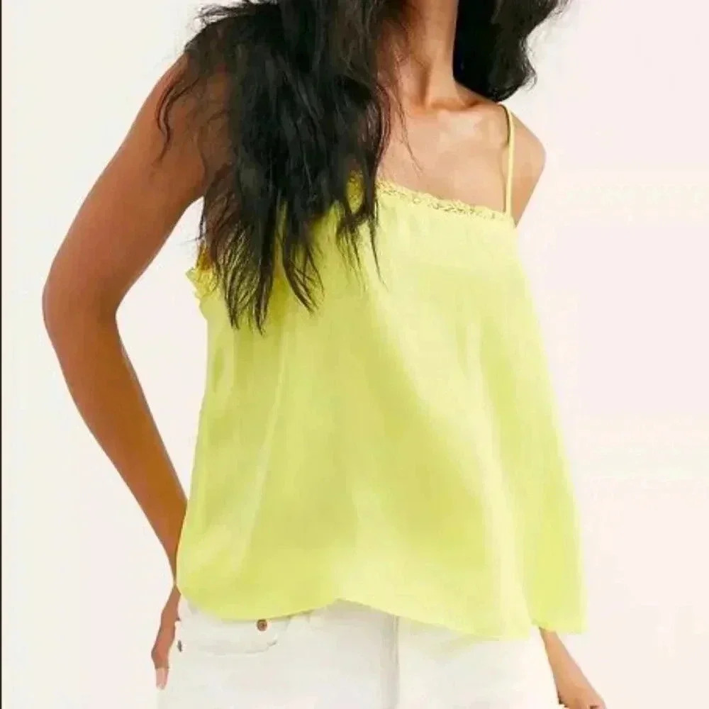 Free People Beyond Me Lace Cami Top Women's Size Small Neon Yellow Flowy Tank FP